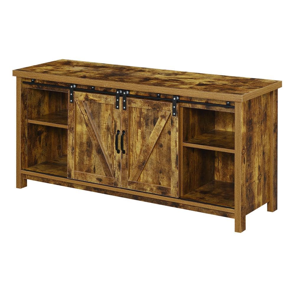 Blake 52 in. W Barnwood Particle Board TV Stand with Barn Door holds up ...