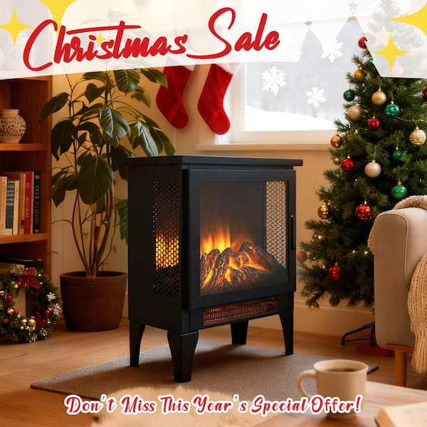 14.2 in. Freestanding Sheet Metal with Infrared Quartz Electric Fireplace with 3D Flame in Antique Black