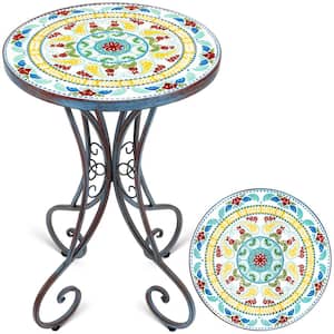 14 in. Floral Round Metal Outdoor Side Table with Ceramic Tile Top for Yard, Porch, Balcony, Garden and Bedside