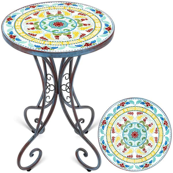 Angel Sar 14 in. Floral Round Metal Outdoor Side Table with Ceramic Tile Top for Yard, Porch, Balcony, Garden and Bedside