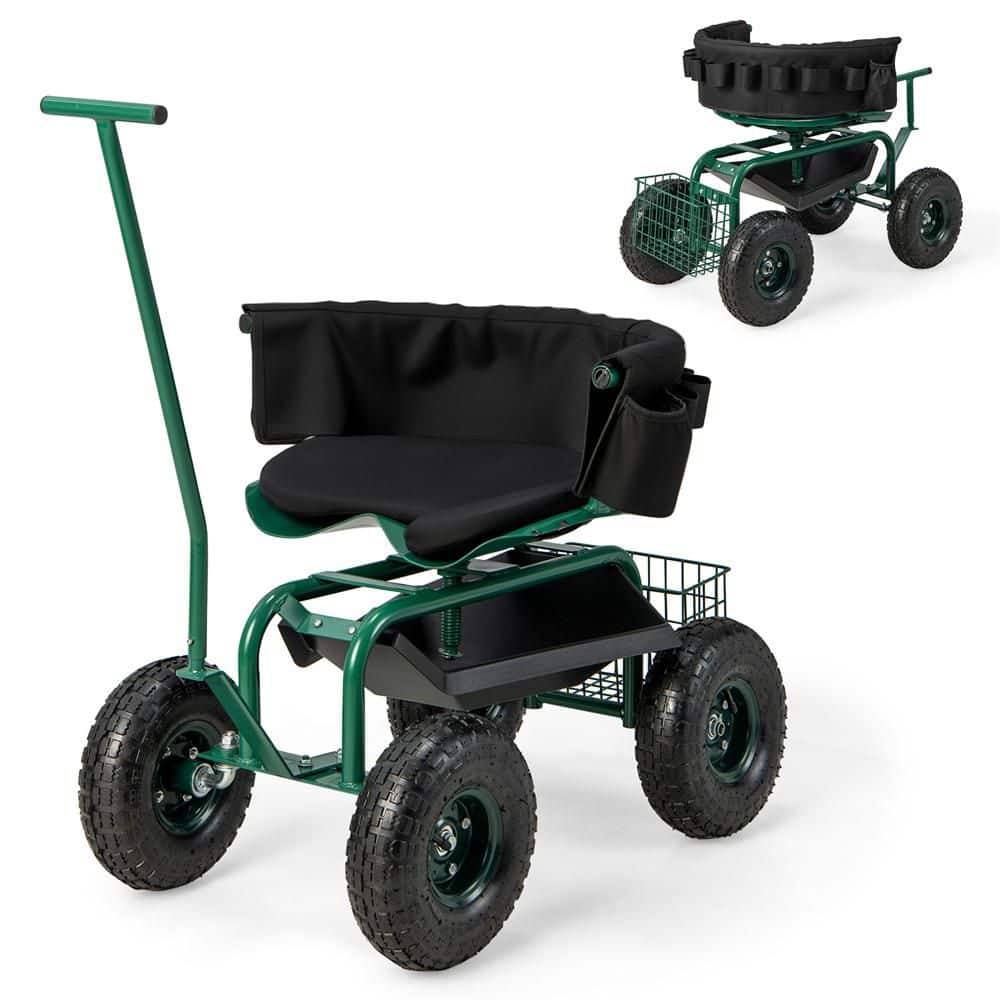 Metal Rolling Garden Cart Work Seat Height Adjustable Swivel Stool Cart w/ Removable Cushion & 2 Steering Handles Green price history on PriceWatchPro