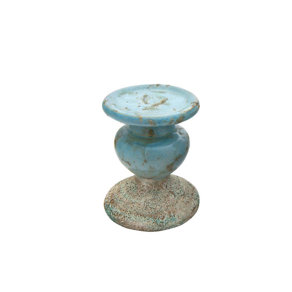 Small Distressed Blue Ceramic Pillar Candle Holder