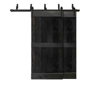 76 in. x 84 in. Mid-Bar Bypass Charcoal Black Stained Solid Wood Interior Double Sliding Barn Door with Hardware Kit