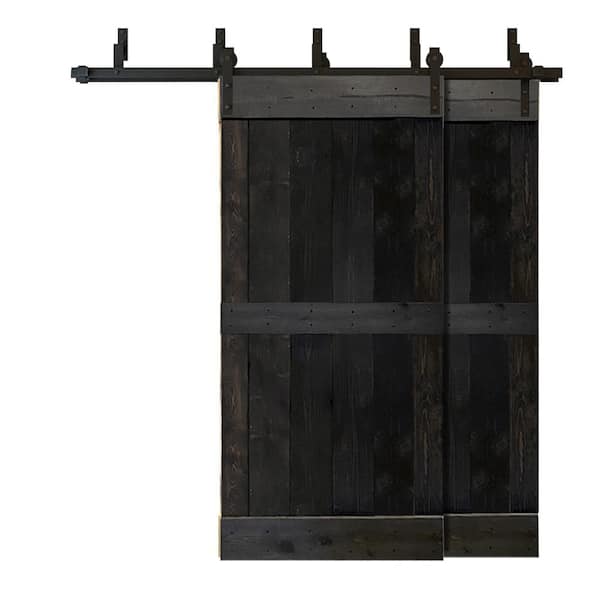 CALHOME 84 in. x 84 in. Mid-Bar Bypass Charcoal Black Stained Solid Wood Interior Double Sliding Barn Door with Hardware Kit