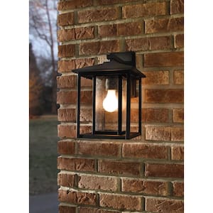 Hunnington 14 in. H 1-Light Outdoor Black Wall Lantern Sconce with Clear Seeded Glass Panels