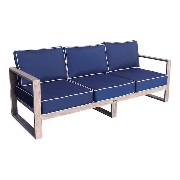 Courtyard Casual North Shore Collection 3-Person Teak Outdoor Sofa with Navy Cushions