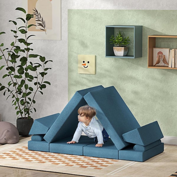Blue 12-Piece Kids Couch for Playroom Bedroom, Convertible Sofa