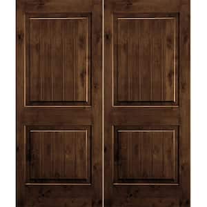 60 in. x 96 in. Rustic Knotty Alder Square Top Provincial Stain/V-Groove Right-Hand Wood Double Prehung Front Door