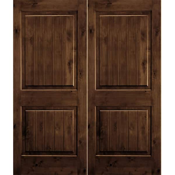 Krosswood Doors 72 in. x 80 in. Rustic Knotty Alder Square Top Provincial Stain/V-Groove Left-Hand Wood Double Prehung Front Door