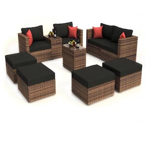 10-Piece Wicker Outdoor Patio Garden Combination Sofa Set Sectional with Black 8 in. Cushions and Furniture Protector