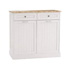 White Wood 39 in. Kitchen Island with 2-Drawers and 2-Compartment Tilt-Out Trash Cabinet
