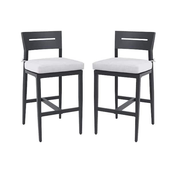 Stackable Aluminum Outdoor Bar Stools with Silver Sunbrella Cushion, Ergonomic Backrest, Tapered Legs, Footrest (2-Pack)