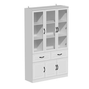 78.9 in. Tall 8-Shelf White Wood Standard Bookcase with Adjustable Shelves, Tempered Glass Doors,-Drawers