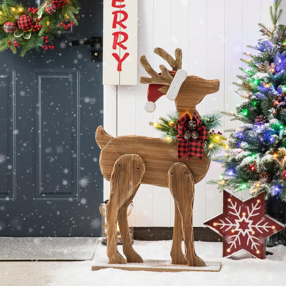 Chunky Wood Reindeer Porch Decor with Red Hat and Plaid Bow