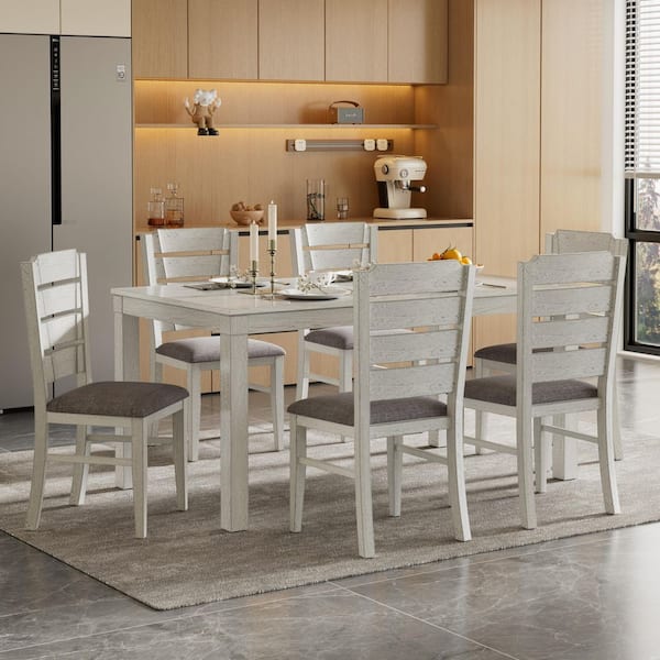 Gray Wood Dining Table Set with Cushioned Chairs-7-Piece Modern Farmhouse Kitchen & Dining Room Table Set for 6