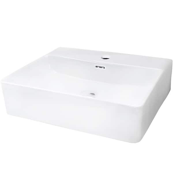 Novatto 20 in. Rectangular Vessel Bathroom Sink in White Porcelain with Overflow and Faucet Hole