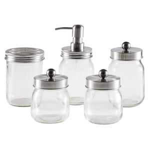5-Piece Mason Jar Bath Accessories Kit With with Toothbrush Holder, Soap Dispenser, Canister and 2 Small Jars in Silver
