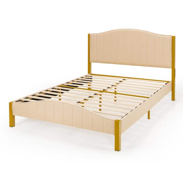 Costway Gold Metal Frame Upholstered Full Size Platform Bed Frame Mattress Foundation with Platform Quilted Headboard