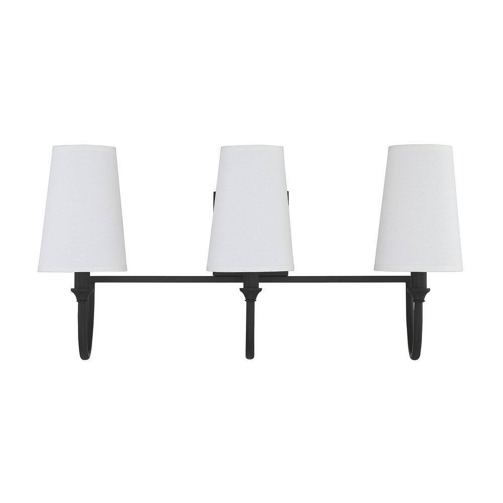 Matte Black 3-Light Bathroom Vanity with White Fabric Shades