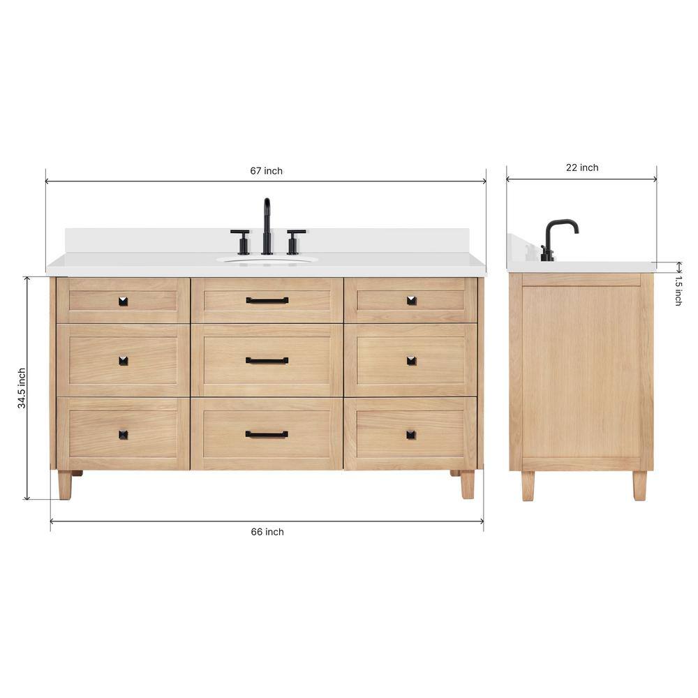 Monroe 67" Light Oak Single Vanity with White Quartz Top