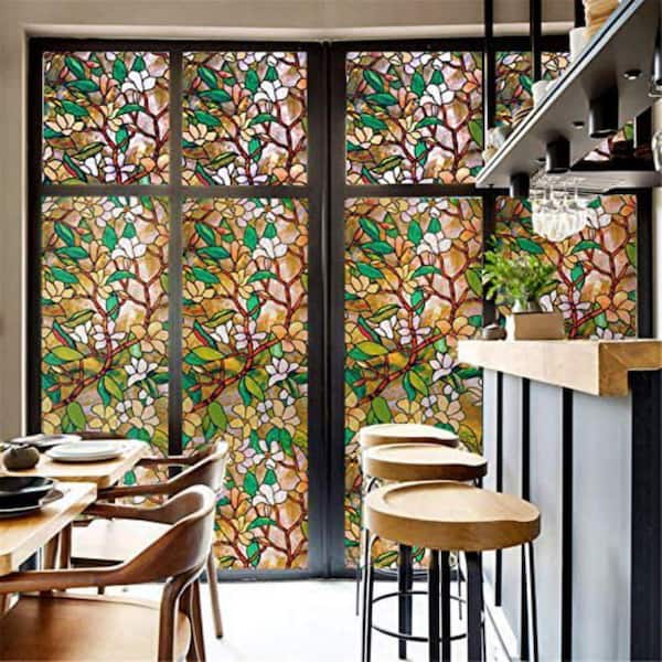 17.7 in. x 78.8 in. No Glue Self Static Removable Frosted Glass Privacy Window Film, Blooming Flowers