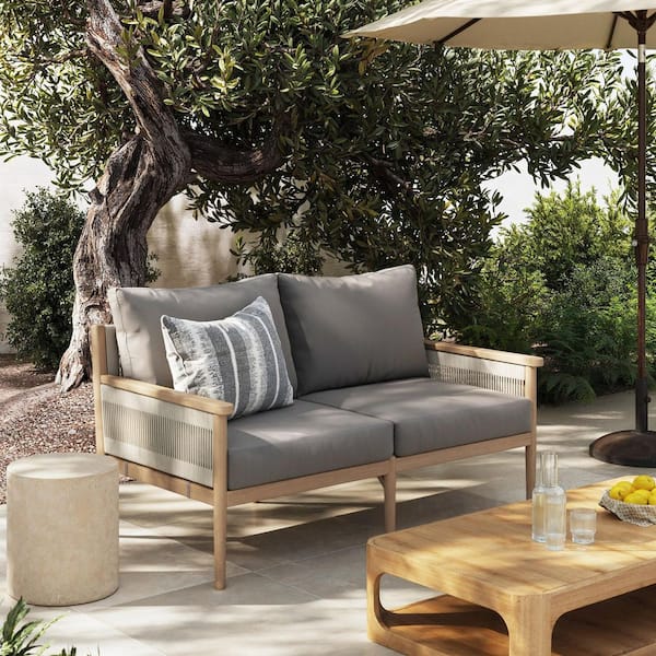 Kayden Raw Oak 1-Piece Solid Wood Outdoor Loveseat with Medium Gray Linen Upholstered Cushions and Rope Accent