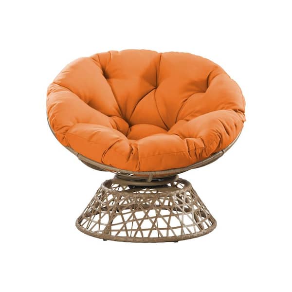 Brown Wicker Outdoor Patio Papasan Swivel Lounge Chair with Orange Cushion