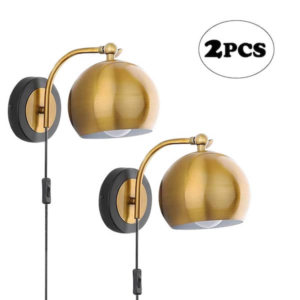 OUKANING 2-Pices 5.5 in. 2-Light Gold Modern Plug-in Wall Sconce with Adjustable Light Head and Metal Shade