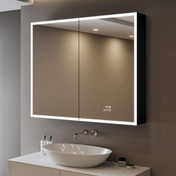 Flora 36 in. W x 32 in. H Rectangular Aluminum Black Recessed Medicine Cabinet with Mirror and Light, Interior Lighting