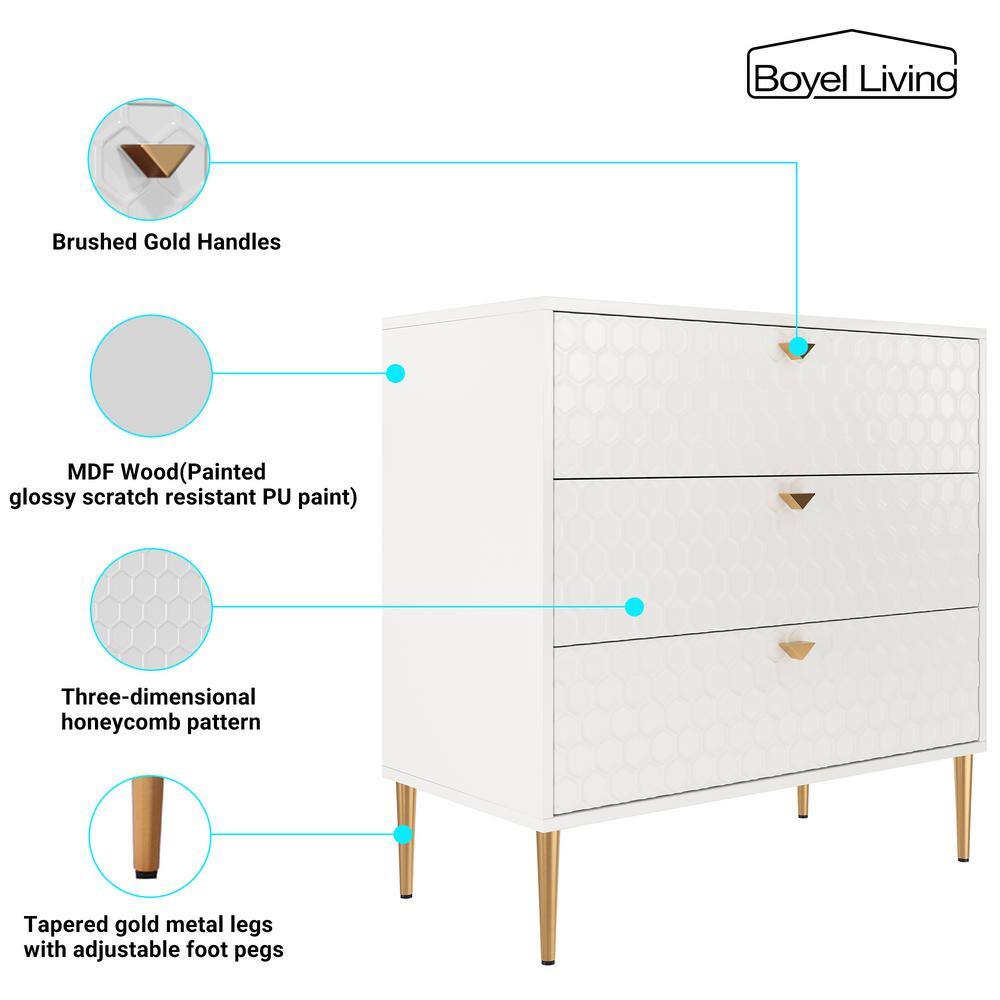 White Honeycomb Pattern 3-Drawer Mid-Century Modern Accent Cabinet