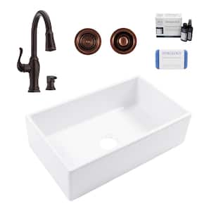 Turner 30 in. Farmhouse Apron Front Undermount Single Bowl White Fireclay Kitchen Sink with Maren Bronze Faucet Kit