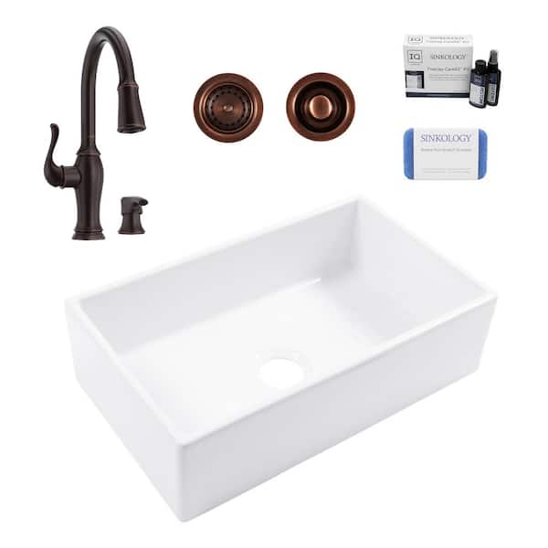 SINKOLOGY Turner 30 in. Farmhouse Apron Front Undermount Single Bowl White Fireclay Kitchen Sink with Maren Bronze Faucet Kit