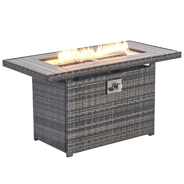 SUNMTHINK 44 in. 50,000 BTU Rectangular Gray Wicker Outdoor Fire Pit Table with Rain Cover Propane Gas