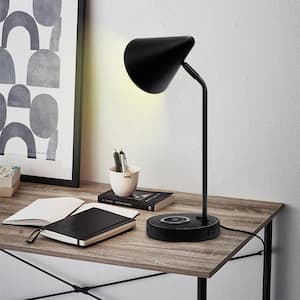 18.9 in. Black Table Lamp with Wireless Charging Base and 1 USB Outlet and Metal Shade
