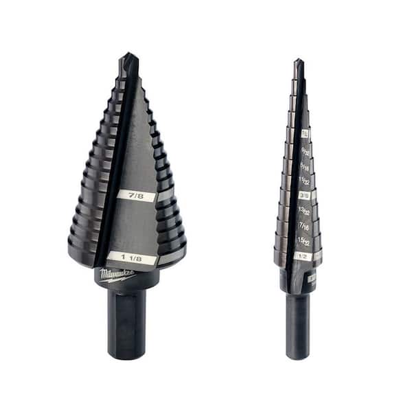 Milwaukee 7/8 in. and 1-1/8 in. #9 Step Black Oxide Drill Bit With 1/8 in. to 1/2 in. x 1/32 in. #1 Step Drill Bit (2-Piece)
