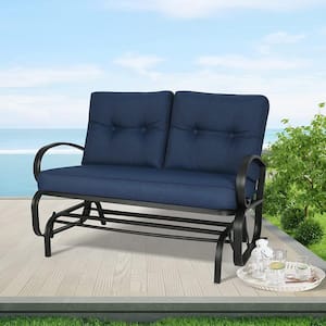 2-Person Metal Outdoor Glider Bench with Navy Blue Cushion