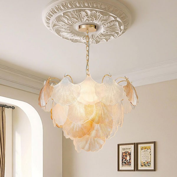 Y'INSP Jamie 10-light Gold Ginkgo Leaf Tiered Chandelier Mid-century Pendant Light Fixture for Living Room with Glass Shade