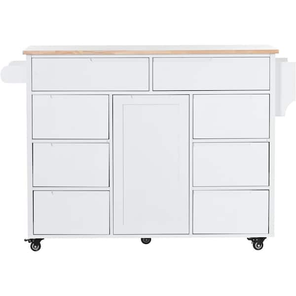 White Wood 53.1 in. Kitchen Island with 8 Handle-Free Drawers and 5 ...