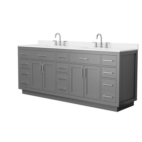 Eviva Aberdeen 84 in. W x 22 in. D x 35 in. H Double Bath Vanity in Gray with White Carrara Quartz Top with White Sinks