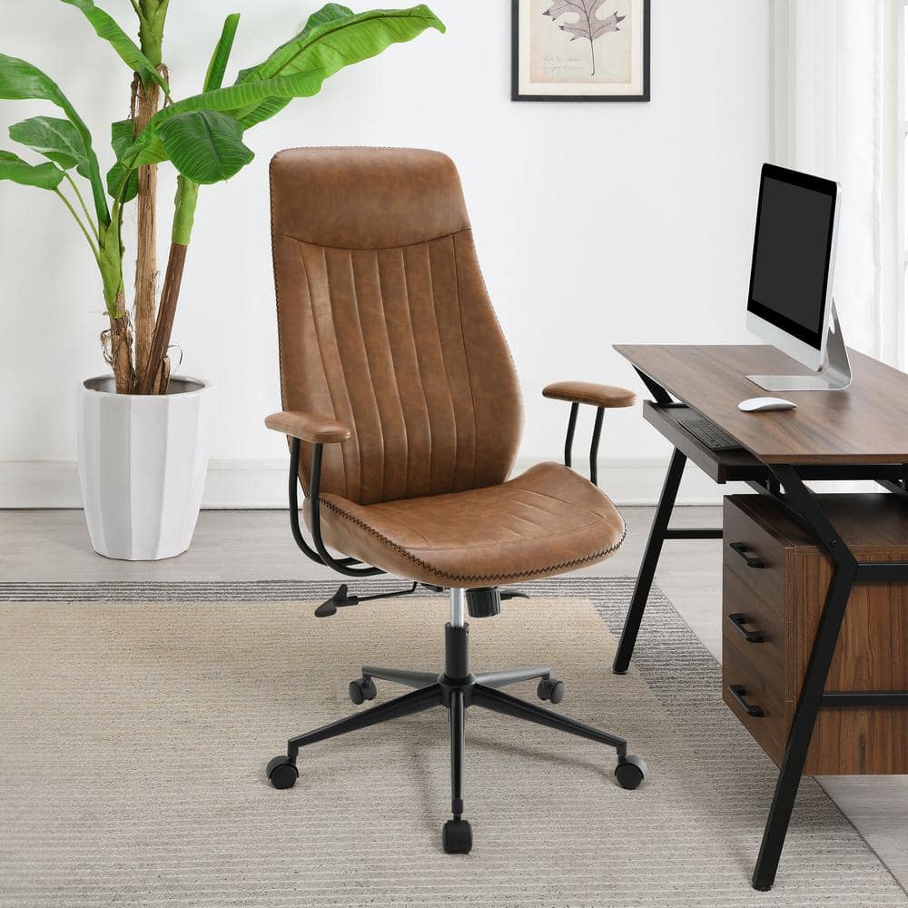 Brown Faux Leather Swivel Desk Chair with Wood Accents