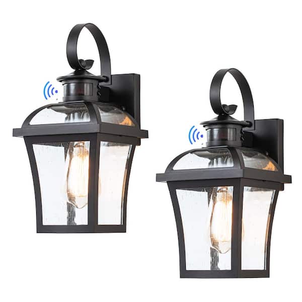 C Cattleya 13.5 in. Matte Black Motion Sensing Dusk To Dawn Outdoor Hardwired Wall Lantern Sconce with No Bulb Included (2-Pack)