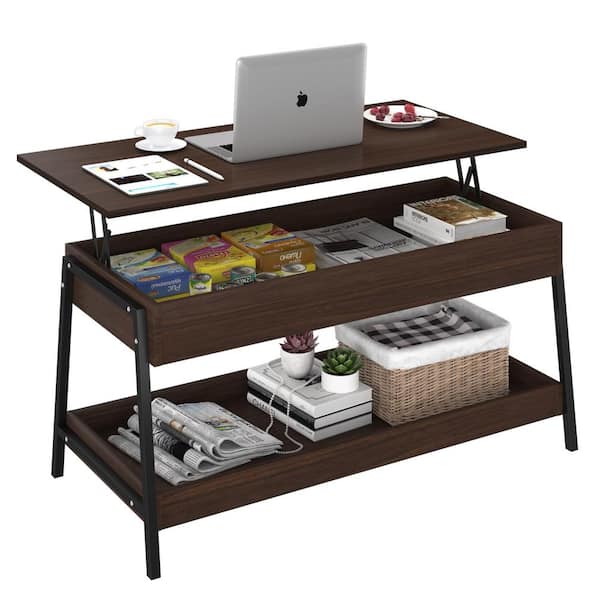 J&E Home 41.3 in. W 17 in. L Brown Color Rectangular Wood Lift Top Coffee Table with Storage Shelves and Hidden Compartment