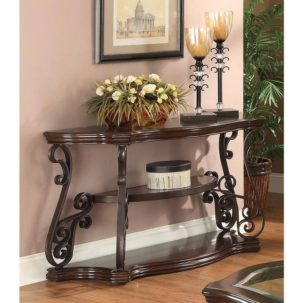 Transitional Black Demilune Sofa Table with Glass Top and Ornate Metal Scrollwork