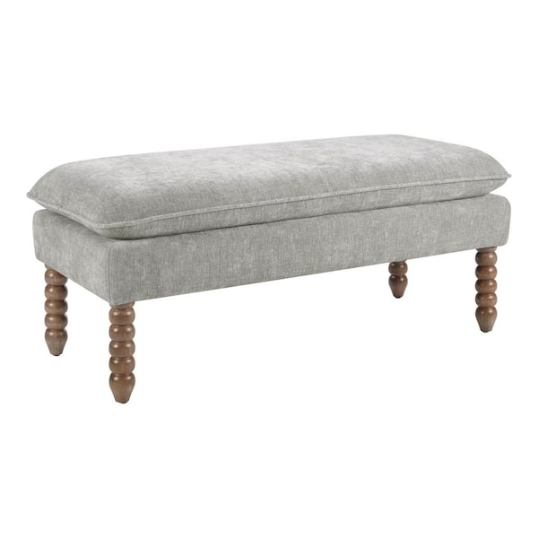 Selina Pillow Top Bench in Fog Fabric With Rustic Brown Finish Spindle Legs