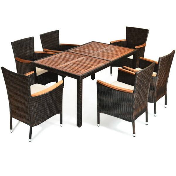 Alpulon 7-Piece Rattan Wicker Outdoor Dining Set with Beige Cushions