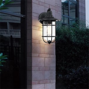 Martin 1-Light Black Outdoor Wall Lantern Sconce with Seed Glass Shade