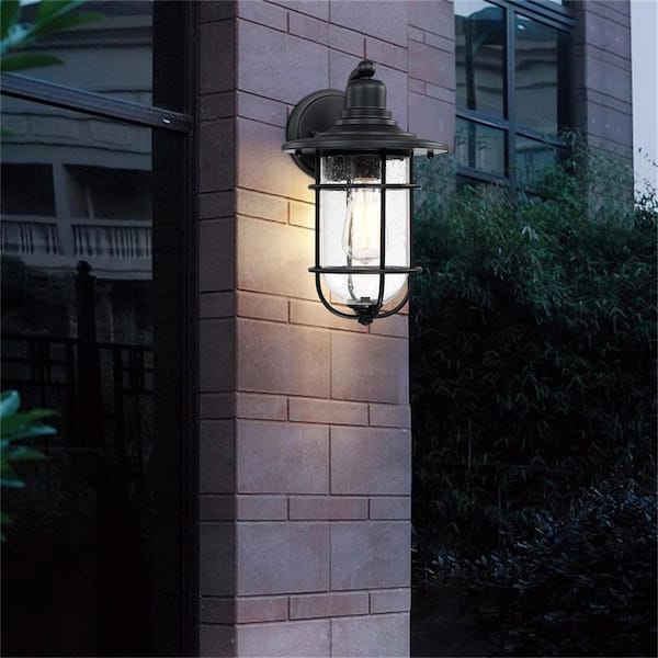 Martin 1-Light Black Outdoor Wall Lantern Sconce with Seed Glass Shade