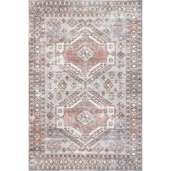 nuLOOM Mae Machine Washable Tribal Motif Light Grey 8 ft. x 10 ft. Indoor Area Rug