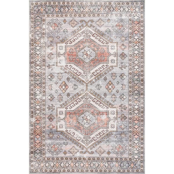 nuLOOM Mae Machine Washable Tribal Motif Light Grey 4 ft. x 6 ft. Indoor Area Rug
