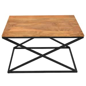 21 in. Brown and Black Rectangle Wooden Coffee Table with X Shape Metal Frame
